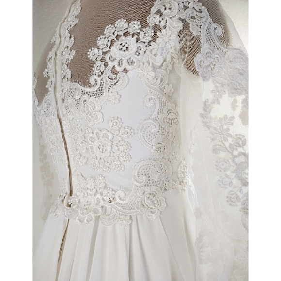 Vintage Lace Embroidered High Collar A-Line Chiffon Victorian Wedding Dress - Picture 4 of 14